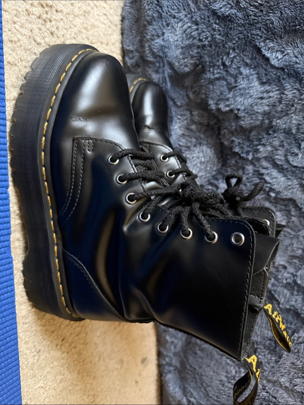 Dr. Martens Black Leather Platform Lace-Up Boots with Yellow Stitching
